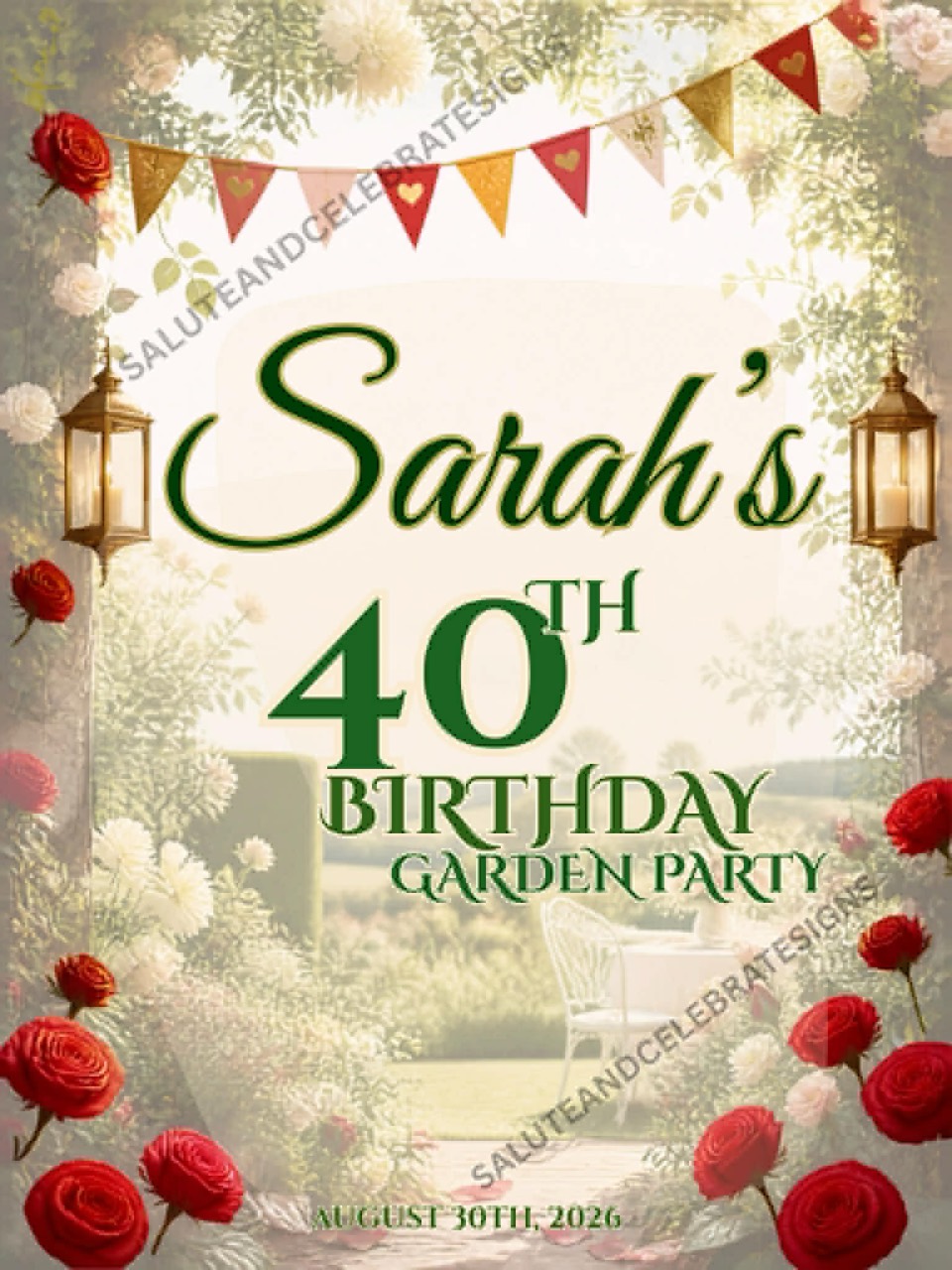 Watermarked 40th birthday garden party poster for Sarah
