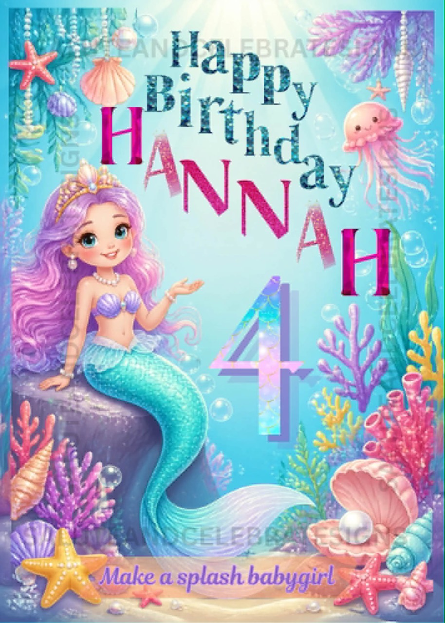 Watermarked under-the-sea mermaid fourth birthday poster for Hannah